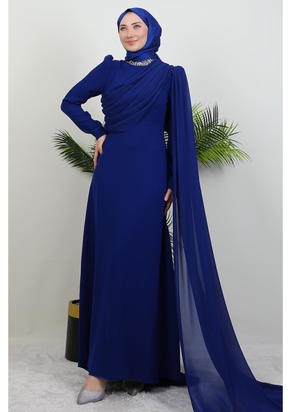 Yakası Taşlı Elbise Gece Mavi