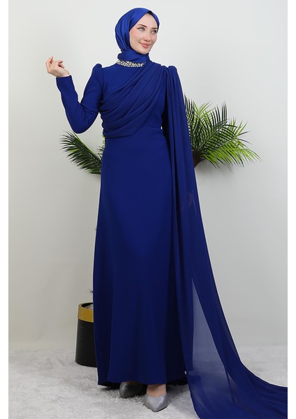 Yakası Taşlı Elbise Gece Mavi modelleri