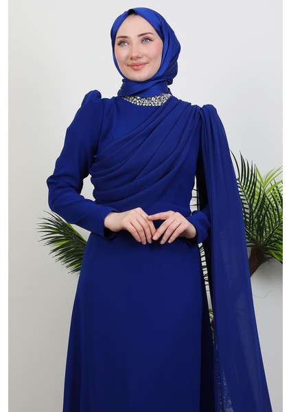 Yakası Taşlı Elbise Gece Mavi indirimleri