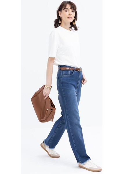 Koyu Mavi-Likralı Geniş Paça Denim Pantolon