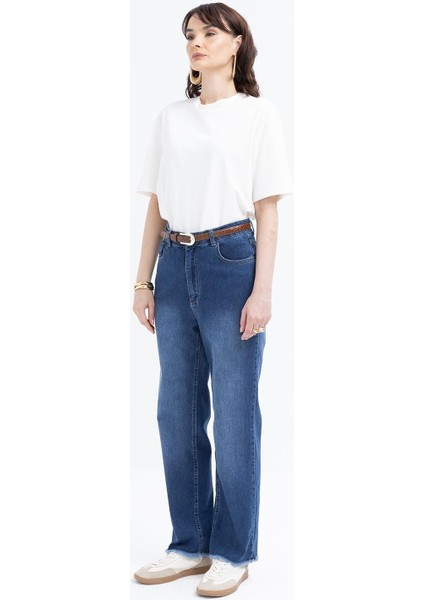 Koyu Mavi-Likralı Geniş Paça Denim Pantolon fiyatları
