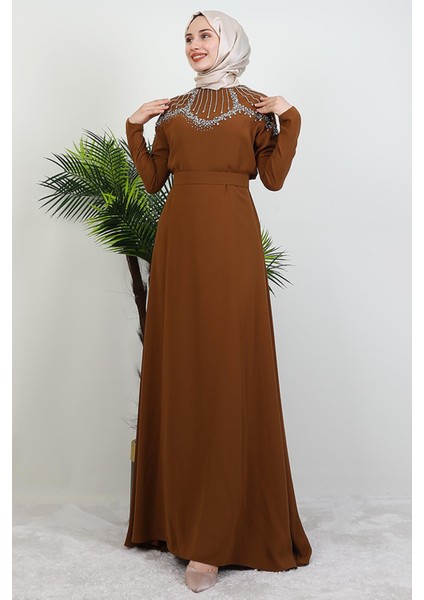 Nisan Taşlı Elbise Hardal