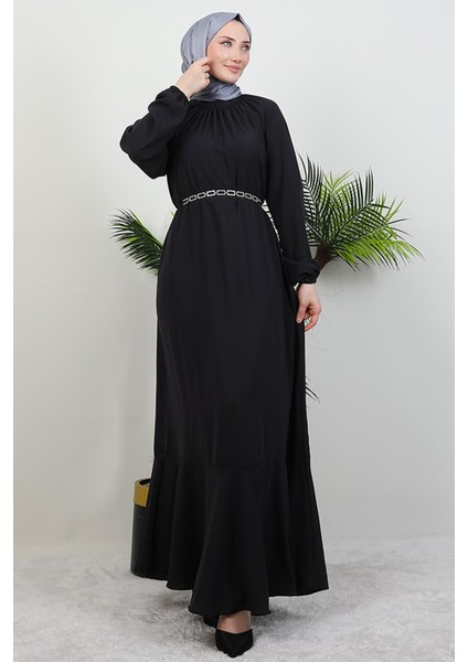 Zincir Kuşaklı Tesettür Elbise Koyu Gri