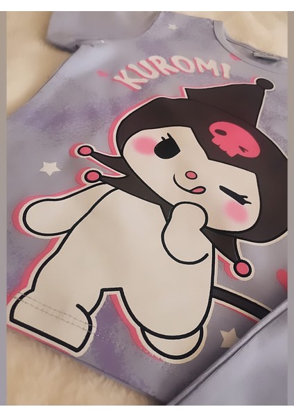 Kız Çocuk Kuromi My Melodi Baskılı Kısa Kollu Alt Üst Takım Boru Paça Pamuklu 2'li Takım