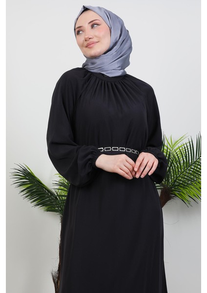 Zincir Kuşaklı Tesettür Elbise Koyu Gri indirimleri