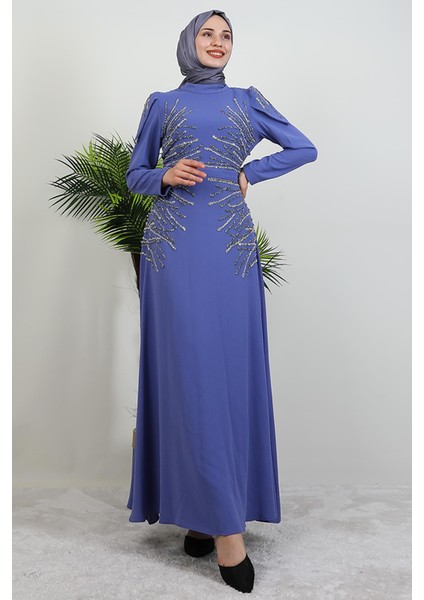 Mia Taşlı Tesettür Elbise Lila