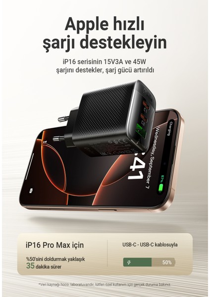 67W PD 2X USB-C + USB-A 3 Port Hızlı Şarj Aleti Isı Düşüren GaN Destekli Akım Korumalı Güç Adaptörü iPhone & Android & iPad & MacBook Type-C - A108 (Acefast Türkiye Garantili)