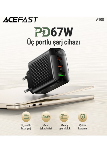 67W PD 2X USB-C + USB-A 3 Port Hızlı Şarj Aleti Isı Düşüren GaN Destekli Akım Korumalı Güç Adaptörü iPhone & Android & iPad & MacBook Type-C - A108 (Acefast Türkiye Garantili)