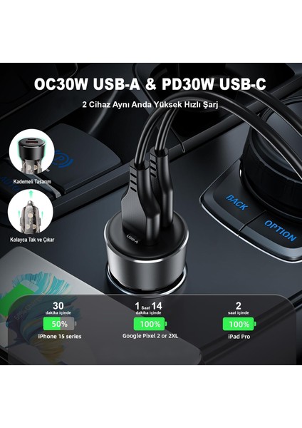 60W USB-C + USB-A 2 Port Hızlı Araç Şarj Aleti Araç Güç Adaptörü iPhone & Android & iPad & MacBook Type-C - B12 (Acefast Türkiye Garantili)