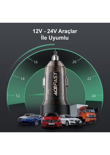 60W USB-C + USB-A 2 Port Hızlı Araç Şarj Aleti Araç Güç Adaptörü iPhone & Android & iPad & MacBook Type-C - B12 (Acefast Türkiye Garantili)