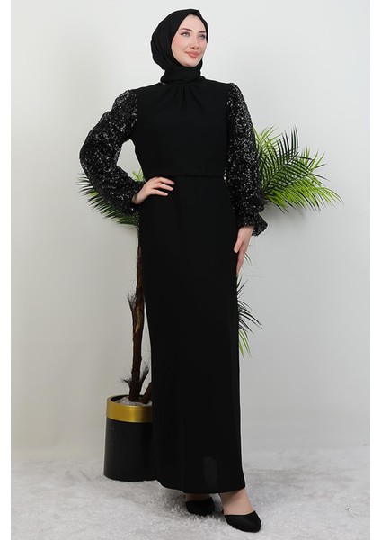 Kolu Pullu Taşlı Elbise Siyah