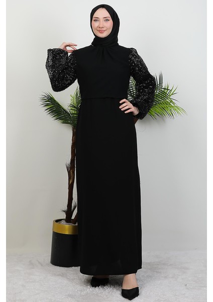 Kolu Pullu Taşlı Elbise Siyah modelleri