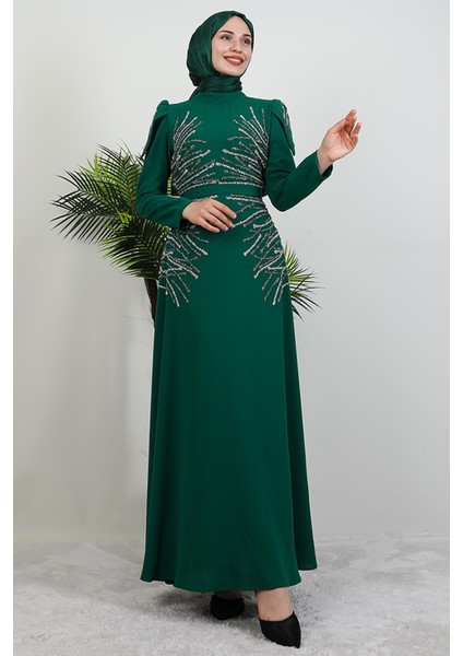 Mia Taşlı Tesettür Elbise Yeşil