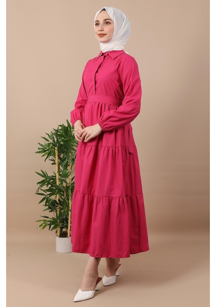Standart Yaka Düğmeli Elbise K Pembe
