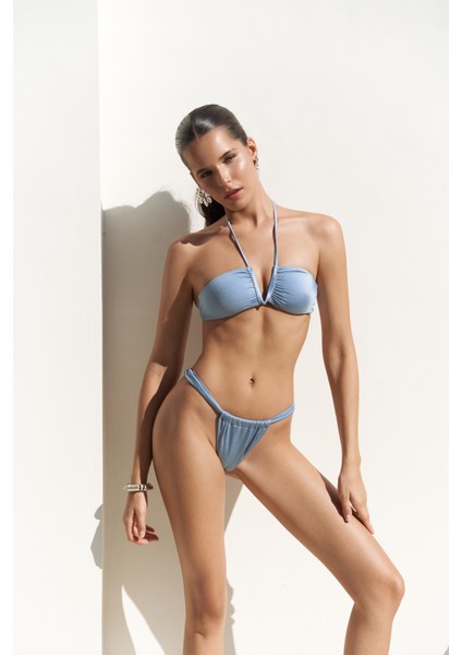 Bunga Büzgü Detay Kalın Bantlı Mavi Bikini Altı