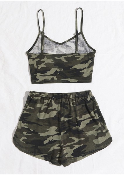Kadın Kamuflaj Desenli Askılı Crop Top ve Şortlu Gecelik Takım fiyatları
