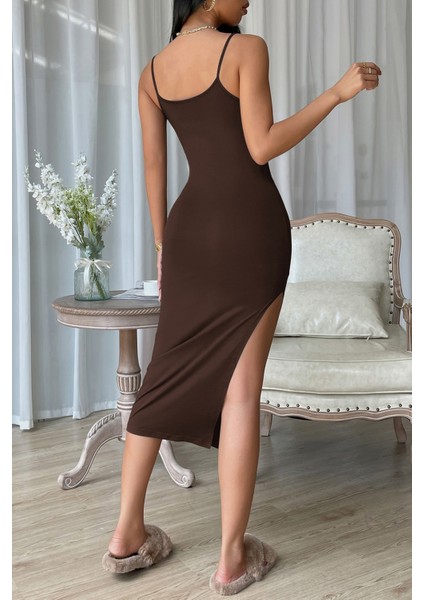 Kadın Kahverengi Yırtmaçlı Diz Altı Vücüdu Saran Gecelik fiyatları