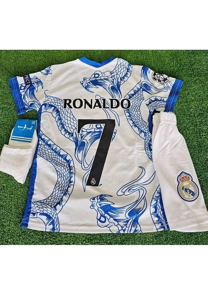 Özel Tasarım Cristiano Ronaldo Dragon Mavi-Beyaz Çocuk Forması (Forma Şort Çorap)