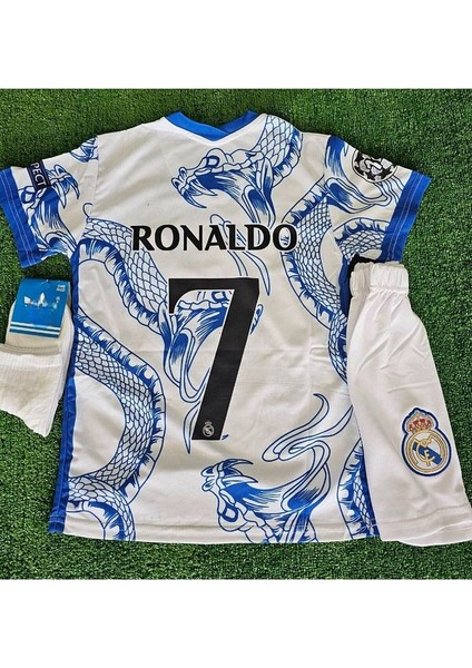 Özel Tasarım Cristiano Ronaldo Dragon Mavi-Beyaz Çocuk Forması (Forma Şort Çorap) modelleri