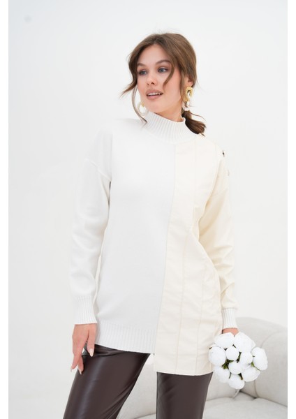 Kadın Düğme Detaylı Tunik Ekru