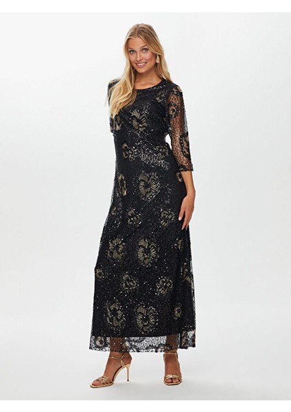 Çiçek Desen Işlemeli Yarım Kol Abiye Elbise W26ABY002