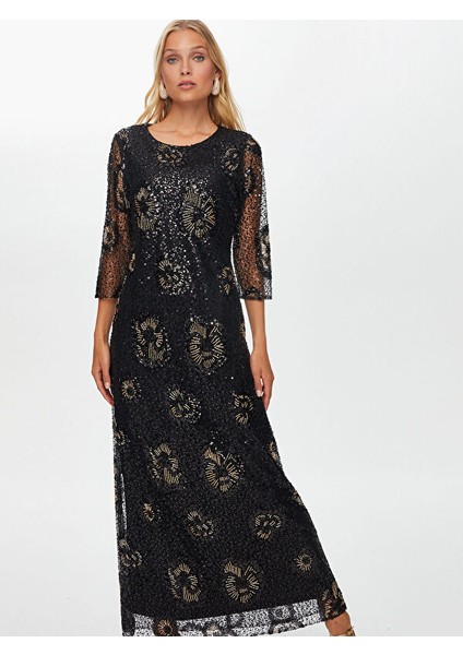 Çiçek Desen Işlemeli Yarım Kol Abiye Elbise W26ABY002 fırsatları