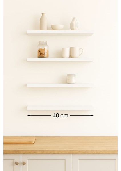 40 cm 4lü Mat Beyaz Mdf Uçan Duvar Rafı Gizli Bağlantı Kitaplık Ahşap