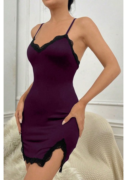 Kadın Mor Göğsü ve Bacakları Dantelli Yırtmaçlı Şık Gecelik fırsatları