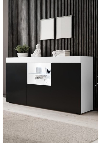 Konsol LED Aydınlatmalı Şık Büfe Cam Raflı Modern ve Zarif Konsol Beyaz Siyah Elegant