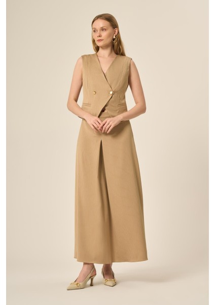 Kadın Yelek Etek Çizgili Takım Beige modelleri