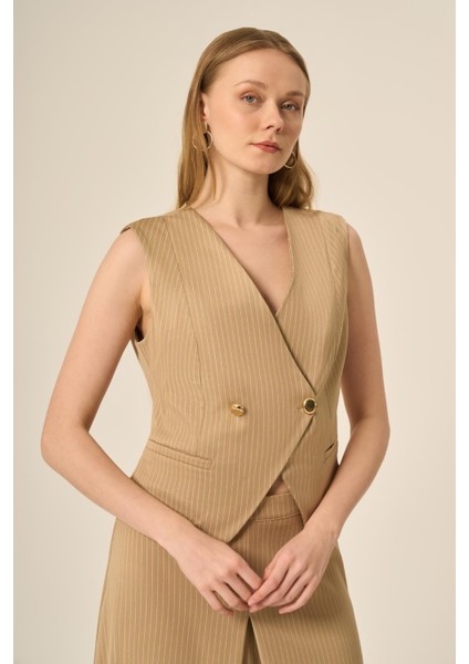 Kadın Yelek Etek Çizgili Takım Beige indirimleri