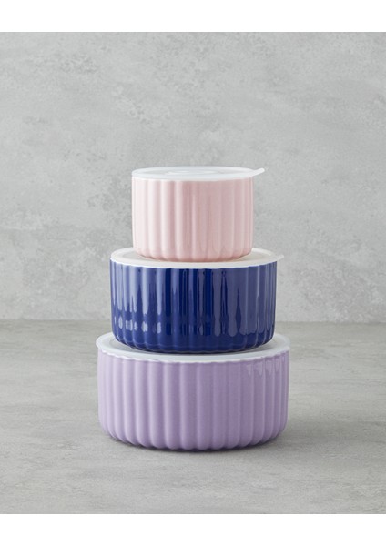 Oliver New Bone China 3'lü Saklama Kabı 300 ML-600 ML-800 ml Lila-Lacivert-Krem