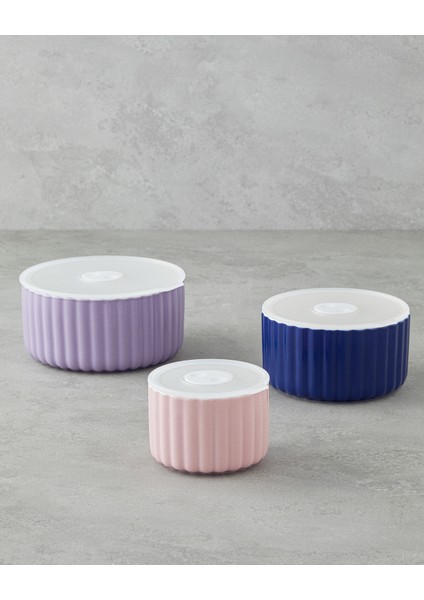 Oliver New Bone China 3'lü Saklama Kabı 300 ML-600 ML-800 ml Lila-Lacivert-Krem