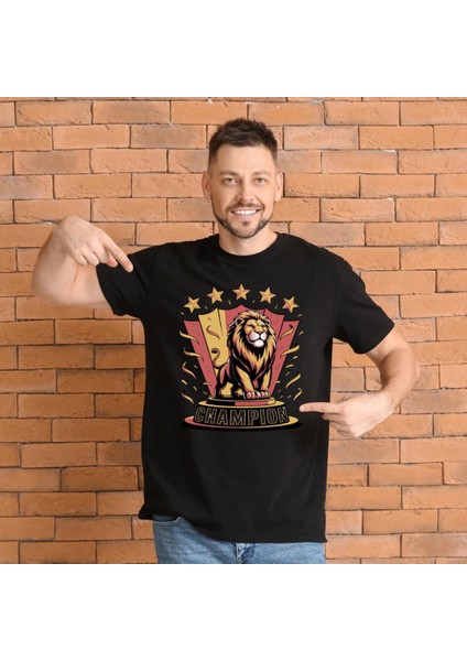 5 Yıldız ve Aslan Baskılı Likralı %100 Pamuk T-Shirt