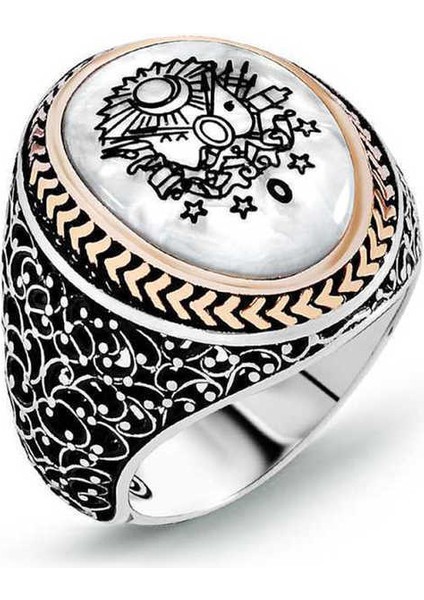 Gümüş Osmanlı Devlet Armalı Sedef Erkek Yüzük - 22