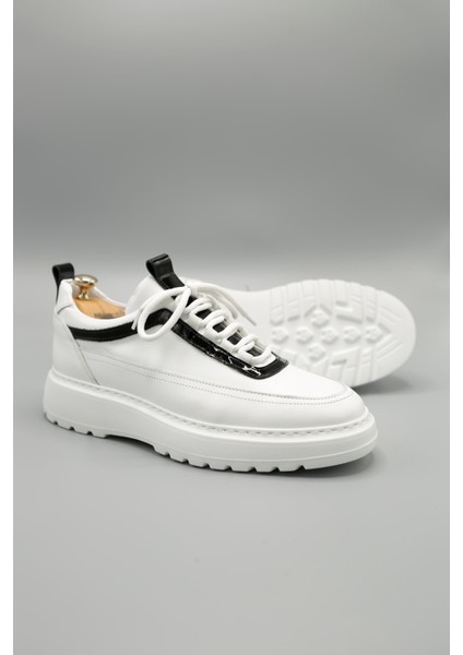 Drew Model Hakiki Deri El Yapımı Erkek Beyaz Siyah Rugan Sneakers Ayakkabı