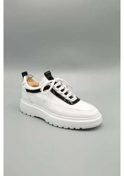 Drew Model Hakiki Deri El Yapımı Erkek Beyaz Siyah Rugan Sneakers Ayakkabı modelleri