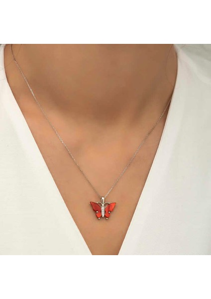 Gümüş Kırmızı Kaplangözü Taşlı Kelebek Kolye fırsatları