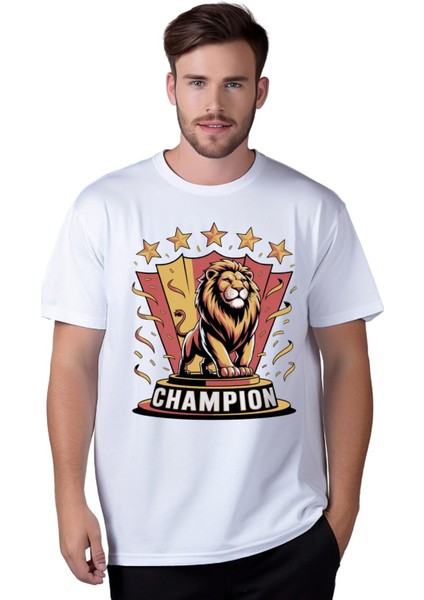 5 Yıldız ve Aslan Baskılı Likralı %100 Pamuk T-Shirt