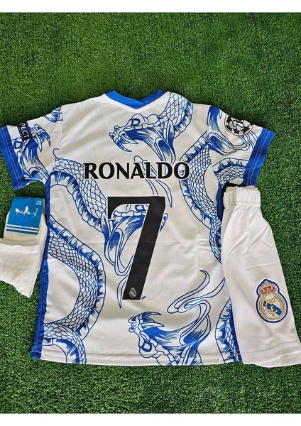 Özel Konsept Ronaldo Beyaz/mavi Dragon Desenli Çocuk Forması 3 Lü Set