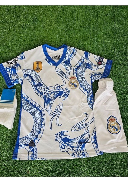 Özel Konsept Ronaldo Beyaz/mavi Dragon Desenli Çocuk Forması 3 Lü Set modelleri