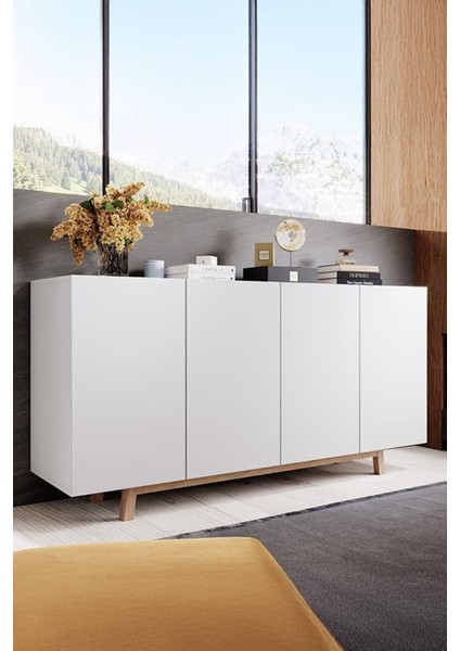 Konsol Masif Ayaklı Şık Büfe Modern ve Zarif Konsol Beyaz Mat Büfe