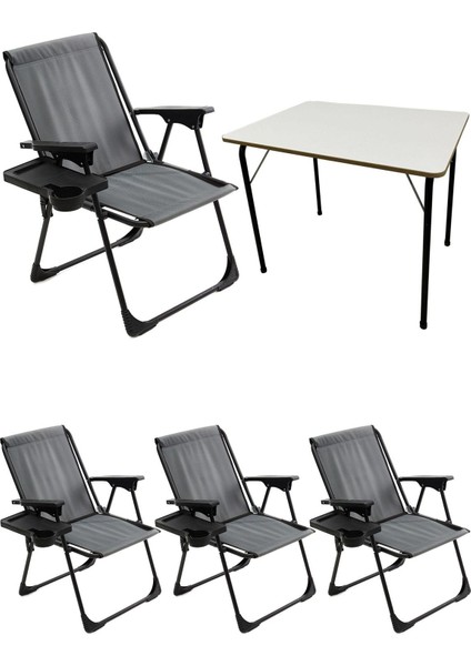 Gri Katlanabilir Kamp Sandalyesi ve Mdf Masa Seti, 4'lü Paket