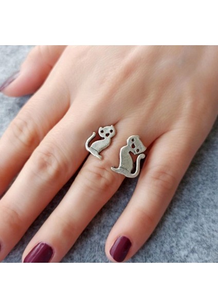 Antik Retro Gümüş Kaplama Cat Ayarlanabilir Zarif Model Kedi Unisex Yüzük