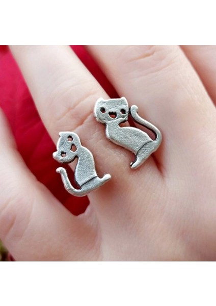 Antik Retro Gümüş Kaplama Cat Ayarlanabilir Zarif Model Kedi Unisex Yüzük
