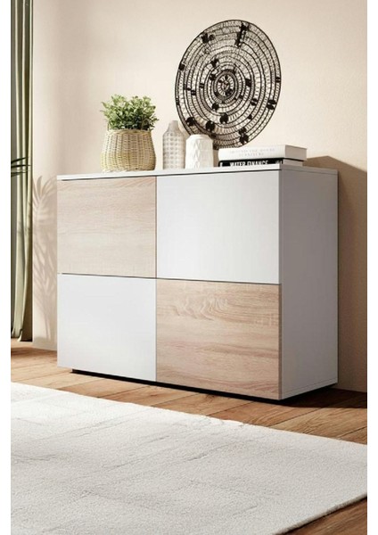 Konsol Modern 4 Kapaklı Bas Aç Sistemli Sonoma Beyaz Dekoratif Büfe Salon Mutfak Yemek Odası Raf