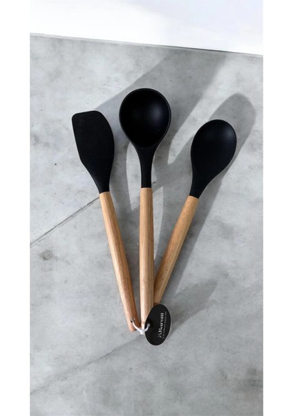 3 Lü Set Hakiki Bambu Saplı Silikon Kaşık Kepçe Spatula Seti