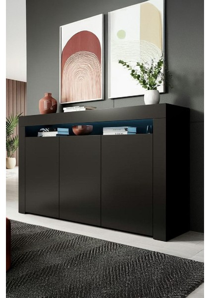 Konsol LED Aydınlatmalı Şık Büfe Katlanabilir Cam Raflı Modern ve Zarif Konsol Siyah Mat Büfe