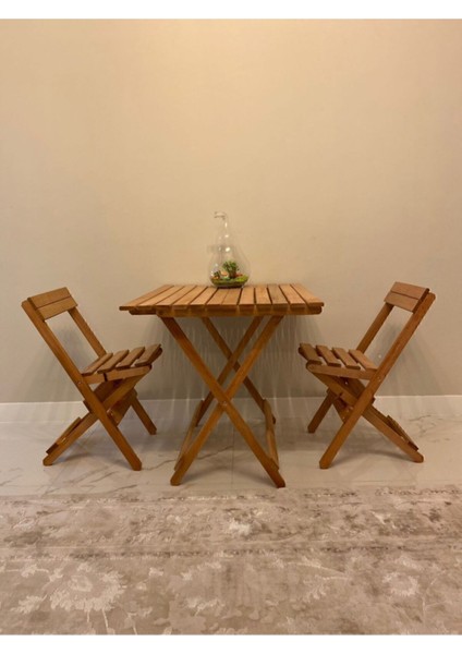 Meşe Ahşap Katlanır Masa ve Sırtlı Tabure Seti, Kamp, Piknik, Balkon Keyfi