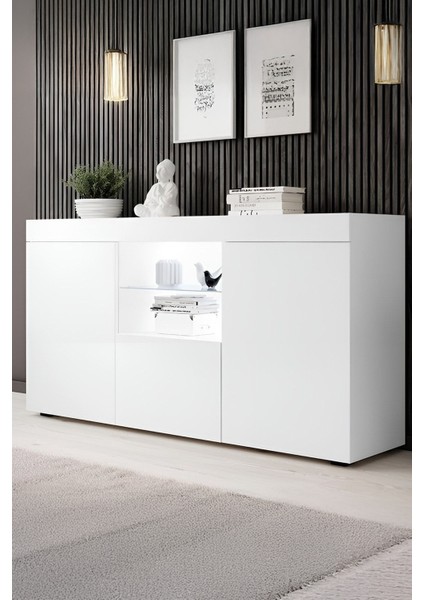 Konsol LED Aydınlatmalı Şık Büfe Katlanabilir Cam Raflı Modern ve Zarif Konsol Beyaz Mat Elegant